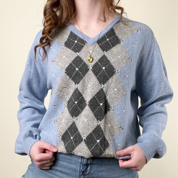 Vintage Pringle Of Scotland Argyle V-Neck Peppy Tennis Sweater Prep Embroidered - Picture 3 of 8